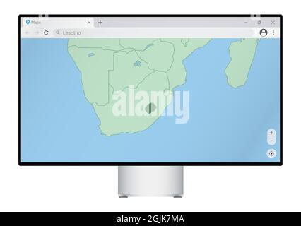 Computer monitor con mappa del Lesotho nel browser, cercare il paese del Lesotho sul programma di mappatura web. Modello vettoriale. Illustrazione Vettoriale