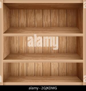 Scaffale realistico in legno. Modello di scaffale vuoto. Vecchi ripiani in legno per il design di interni di biblioteche, uffici e scuole. Illustrazione Vettoriale