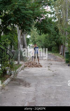 Zatoka, Odessa, Ucraina - 1 settembre 2021 Gardener rimuove le foglie con un aspirapolvere da giardino Foto Stock