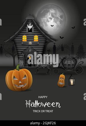 Sfondo di Halloween con Haunted House e zucche Illustrazione Vettoriale