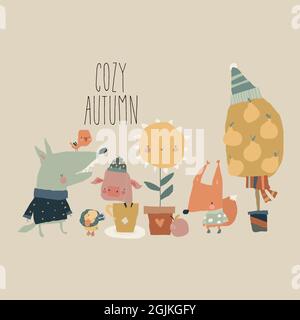 Illustrazione con Cartoon carino animali ed elementi d'autunno Illustrazione Vettoriale