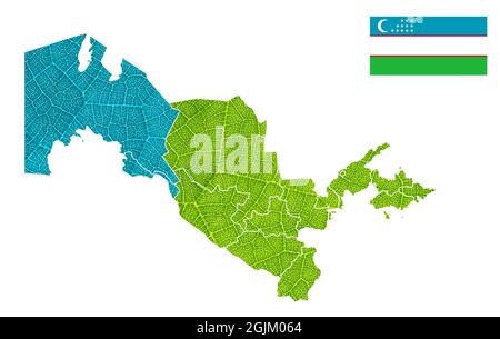 Illustrazione dell'Uzbekistan Mappa dettagliata della bandiera su sfondo bianco isolato Foto Stock