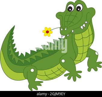 Carino Cartoon Coccodrillo che tiene il fiore in bocca Illustrazione Vettoriale