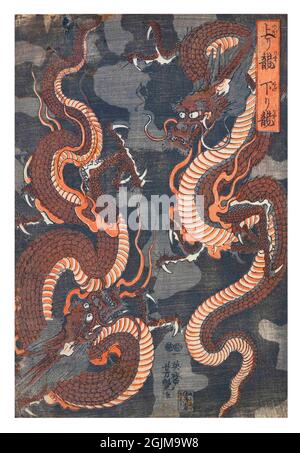 Due draghi ottimizzato e migliorata versione di un'illustrazione giapponese di legno metà del diciannovesimo secolo. Foto Stock