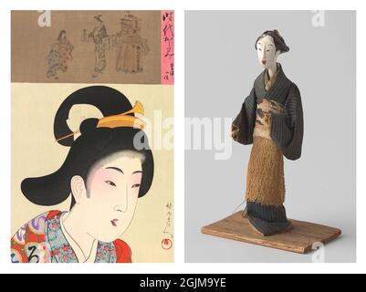 Esclusiva e ottimizzata disposizione di un'antica bambola giapponese e di un taglio in legno del XIX secolo raffigurante una donna giapponese in un kimono (sopra, un tipografo che tiene stampe) Foto Stock