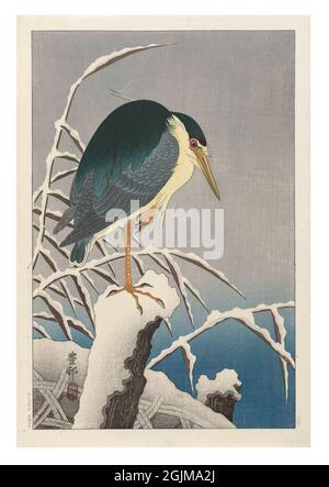 Heron in piedi su una gamba sul palo innevato. Canne nevose sullo sfondo. Illustrazione giapponese in legno del diciannovesimo secolo ottimizzata digitalmente. Foto Stock