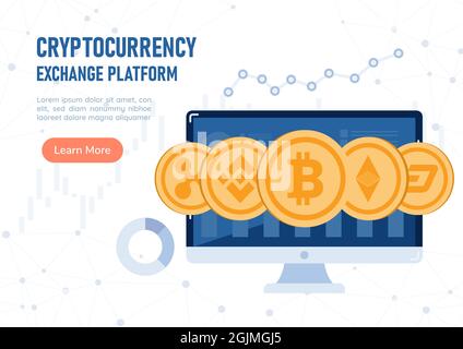 Web Banner Cryptocurrency Coin su PC Monitor. Piattaforma di scambio di criptovaluta e concetto di tecnologia Blockchain. Illustrazione Vettoriale