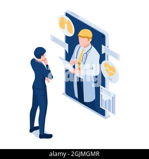 Flat 3d Isometric businessman hanno una consulenza online con Doctor. Telemedicina e Online Medical Consultation Concept. Illustrazione Vettoriale