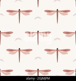 Modello senza cuciture con boho dragonfly. Insetto con elementi celesti. Strega e simbolo magico per tessuti, tessuti, stampe. Astratto vettore disegnato a mano Illustrazione Vettoriale