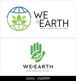 Vai verde globale natura mano foglia logo design Illustrazione Vettoriale