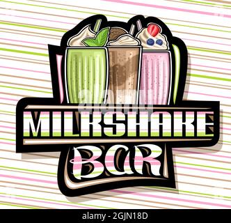 Logo vettoriale per Milkshake Bar, cartello decorativo scuro con illustrazione di 3 diversi milkshake freschi congelati con paglia e guarnitura, poster con Illustrazione Vettoriale