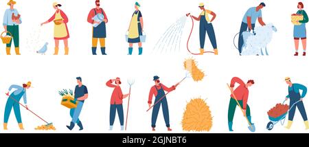 Agricoltori che lavorano in azienda, lavoratori agricoli e giardinieri con attrezzi. Coltivatore annaffiatura piante, raccolto raccolti, giardinaggio vettore set. Personaggi maschi e femmine con attrezzatura per verdure Illustrazione Vettoriale