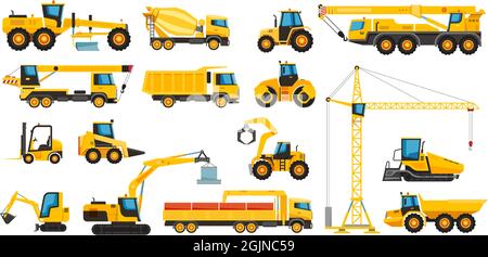 Macchinari pesanti per costruzioni, attrezzature per costruzioni e veicoli. Carrello elevatore, gru, trattore, apripista, set vettore escavatore. Macchine speciali grandi e potenti per la riparazione su strada. Concetto di ingegneria Illustrazione Vettoriale