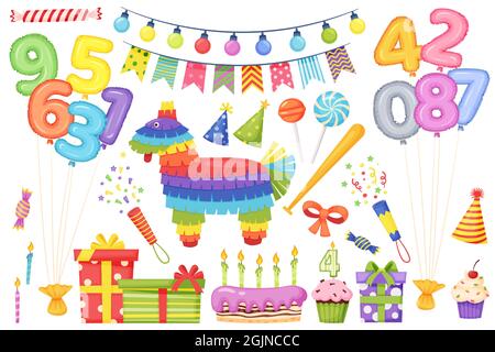 Decorazione di festa di compleanno del cartone animato, elementi del partito del capretto. Torta con candele, bandiere di conigliatura, regali, palloncini, cappelli di partito, set vettoriale pinata. Divertirsi e divertirsi in vacanza Illustrazione Vettoriale