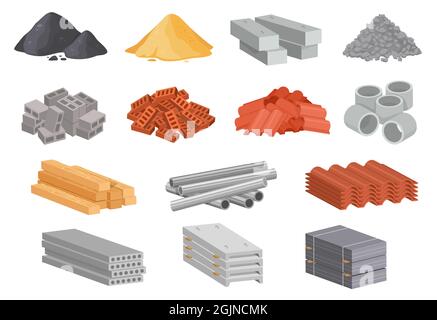Cartoon casa materiali da costruzione, forniture per l'edilizia industriale. Beton, cemento, calcestruzzo, sabbia, mattoni, tavole, tubi in metallo, set vettoriale. Pile isolate di blocchi di gesso, elementi del tetto Illustrazione Vettoriale