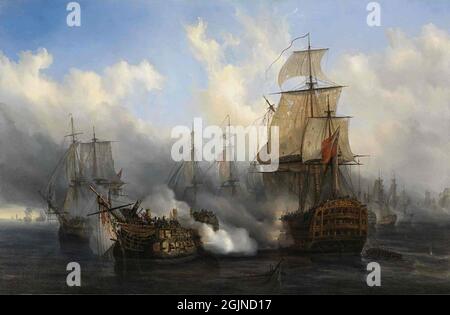 Scene della battaglia di Trafalgar, in cui la Marina francese è stata distrutta. HMS Sandwich combatte con la nave ammiraglia francese Bucentaure (completamente dismasted). Bucentaure combatte anche HMS Temeraire (a sinistra) e viene licenziato dalla HMS Victory (dietro di lei). Pittura di Auguste Mayer Foto Stock