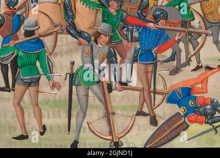 Scene della battaglia di Crécy nel 1346, che mostrano crossbow utilizzati in azione Foto Stock