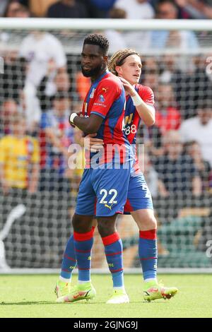 Londra, Regno Unito. 11 Settembre 2021. Odsonne Edouard of Crystal Palace segna il suo secondo posto per il 3-0 e festeggia durante la partita della Premier League tra Crystal Palace e Tottenham Hotspur a Selhurst Park, Londra, Inghilterra, il 11 settembre 2021. Foto di Ken Sparks. Solo per uso editoriale, licenza richiesta per uso commerciale. Nessun utilizzo nelle scommesse, nei giochi o nelle pubblicazioni di un singolo club/campionato/giocatore. Credit: UK Sports Pics Ltd/Alamy Live News Foto Stock