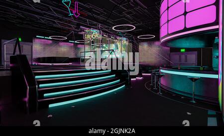Futuristico night club cyberpunk interno con bar e luci al neon. Illustrazione 3D. Foto Stock