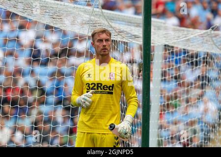 COVENTRY, UK 11 SETTEMBRE il custode di Middlesbrough Joe Lumley durante la prima metà della partita del Campionato Sky Bet tra Coventry City e Middlesbrough alla Ricoh Arena di Coventry sabato 11 settembre 2021. (Credit: John Cripps | MI News) Credit: MI News & Sport /Alamy Live News Foto Stock