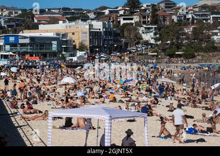 Sydney, Australia. Saturday11th settembre 2021. Persone che si rilassano sulla spiaggia di Bondi come le temperature primaverili raggiungono oggi i 27 gradi. Le restrizioni del Covid-19 sono destinate ad agevolare lunedì per le persone in alcune parti di Sydney che sono completamente vaccinate. Fino a cinque persone potranno riunirsi all'esterno. Credit: Paul Lovelace/Alamy Live News Foto Stock