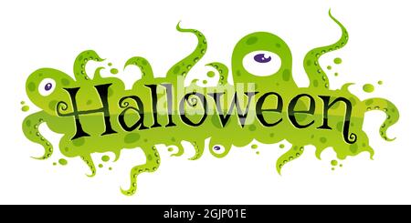 Banner vettoriale per Halloween con mostri verdi. Mostri di Halloween con testo. Buon Halloween. Illustrazione Vettoriale
