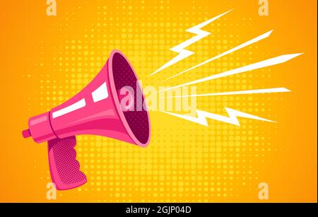 Poster Vector vintage con megaphone rosa retrò su sfondo giallo. Sfondo mezze tinte giallo retrò megaphone. Illustrazione Vettoriale