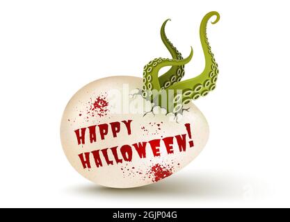 Vettore ha rotto l'uovo con i tentacoli verdi degli alieni per la festa di Halloween. Illustrazione vettoriale 3D di un uovo con tentacoli verdi mutanti. Prodotto OGM Illustrazione Vettoriale