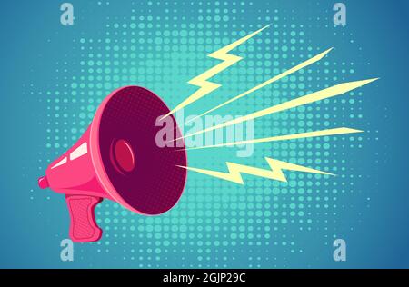 Poster Vector vintage con megaphone rosa retrò su sfondo blu. Megafono retrò su sfondo a mezzitoni. Illustrazione Vettoriale