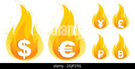 Set vettoriale della valuta mondiale in fuoco. Icone vettoriali di dollaro, euro, yen, rublo e sterlina in fiamma. Illustrazione Vettoriale