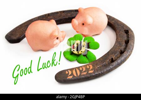 Buona fortuna simboli con trifoglio marzapane Piggy 2022 Foto Stock