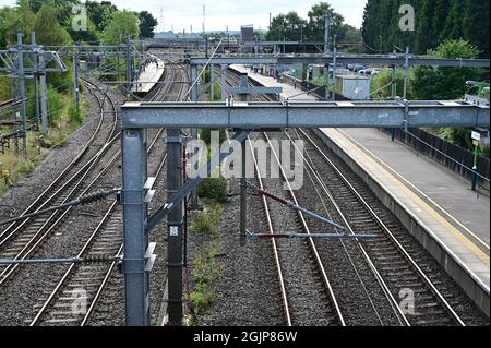 Catenari alla stazione a valle di Litchfield Trent nel Regno Unito. Foto Stock