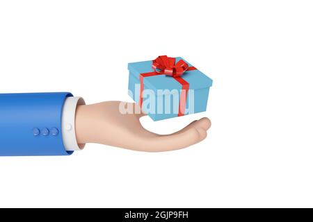 Cartone animato con una scatola regalo isolata su sfondo bianco. illustrazione 3d. Foto Stock