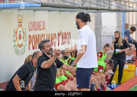 Pomigliano, Italia. 11 Settembre 2021. Alessandro Spugna coach of AS Roma Femminile - Manuela Tesse coach of Pomigliano Calcio Femminile Credit: Independent Photo Agency/Alamy Live News Foto Stock