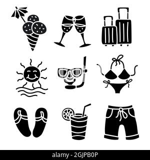 set di icone di vacanza e resort sulla spiaggia con contorno nero Illustrazione Vettoriale