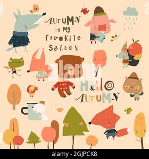 Set autunnale con animali divertenti che vestono maglioni carino Illustrazione Vettoriale