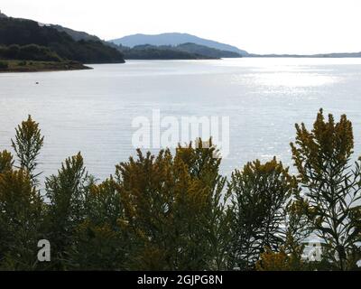 Tour delle Highlands scozzesi: Vista romantica che si affaccia sulle calme acque di Loch Melfort e il profilo delle lontane isole al tramonto Foto Stock