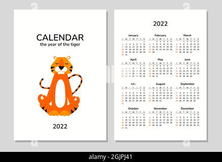 Calendario, planner formato A4 per 2022 con una tigre carina. Simbolo di Capodanno cinese. Illustrazione vettoriale isolata della tigre in stile cartoon. Settimana Illustrazione Vettoriale