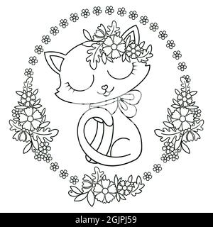 Carino cartoon gattino in una cornice ovale di fiori. Immagine lineare in bianco e nero. Vettore Illustrazione Vettoriale