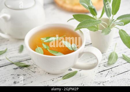 Primo piano di un mazzo di salvia verde fresco. Tazza sana di tè alle erbe salvia, foglia verde di salvia officinalis e bollitore per tè su tavola bianca in legno. Foto Stock