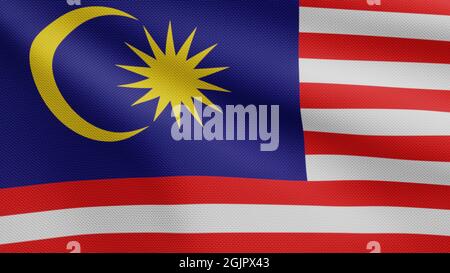 3D, bandiera malese che sventola nel vento. Primo piano di banner in Malesia soffiato, seta morbida e liscia. Tessuto tessuto tessuto tessuto tessuto insegne sfondo. Foto Stock