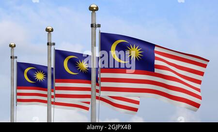 Bandiera malese che sventola sul vento con cielo blu e nuvole. Primo piano di banner in Malesia soffiato, seta morbida e liscia. Tessuto tessuto tessuto tessuto tessuto Ensign backgro Foto Stock