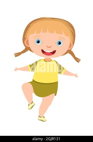 Divertente per i bambini. Bambina. In abiti gialli. Il bambino salta per la gioia. Simpatico personaggio attivo e affascinante. Carino ragazzo. Sorriso ondeggiabile sul viso. Stile cartoon. Isolato Illustrazione Vettoriale