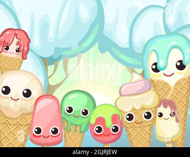 Paesaggio invernale con gelato. Cielo gelido. Dessert estivo. Personaggi divertenti Cartoon. Design piatto. Kids Illustration Vector Illustrazione Vettoriale