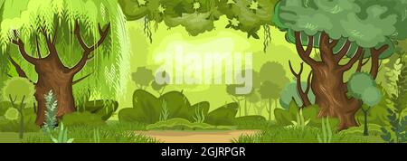 Paesaggio forestale estivo. Folto fogliame, arbusti e una radura al bordo. Ispessimenti leggeri di nebbia. Vista sugli alberi verdi. Illustrazione della natura. Cartone animato Illustrazione Vettoriale