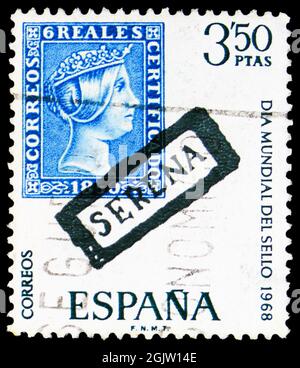 MOSCA, RUSSIA - 20 GIUGNO 2021: Francobollo stampato in Spagna mostra serena postmark, World Stamp Day, serie, circa 1968 Foto Stock