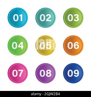 Numero punti punto elenco cerchio piatto impostato su sfondo bianco. Colori colorati con numeri da 01 a 09 per il tuo disegno. Illustrazione vettoriale Illustrazione Vettoriale