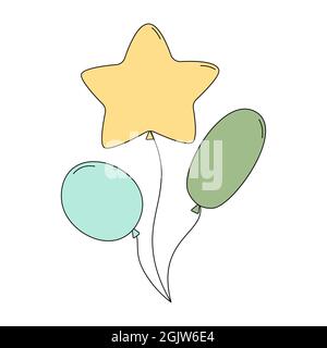 Palloncini colorati in stile doodle. Palloncino a forma di stella. Illustrazione vettoriale isolata su sfondo bianco. Decorazione per compleanno, matrimonio, laurea o. Illustrazione Vettoriale