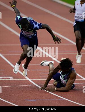 Zurigo, 09 set 2021 il vincitore di 400m Michael Cherry (R) è stato visto in azione durante la Wanda Diamond League allo stadio Litzigrund di Zurigo Svizzera a Septe Foto Stock