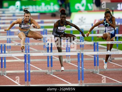 Zurigo, 09 set 2021 100m vincitore di ostacoli Tobi Amusan (C ) visto in azione durante la Wanda Diamond League allo Stadio Litzigrund Zurigo Svizzera ON Foto Stock